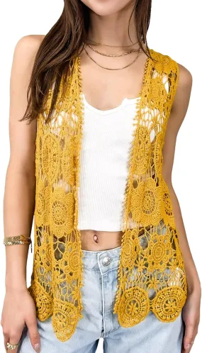 Anna-Kaci Lace Front Open Sleeveless Top Cardigan Crochet Vest Cover up Summer Beachwear