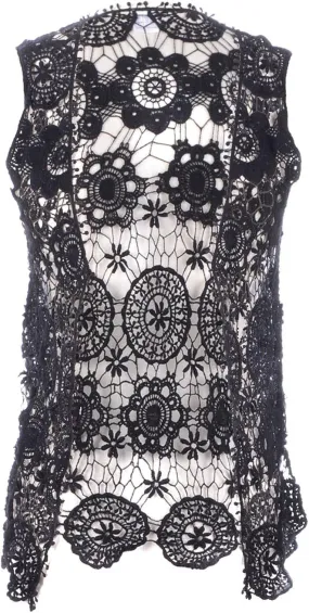 Anna-Kaci Lace Front Open Sleeveless Top Cardigan Crochet Vest Cover up Summer Beachwear