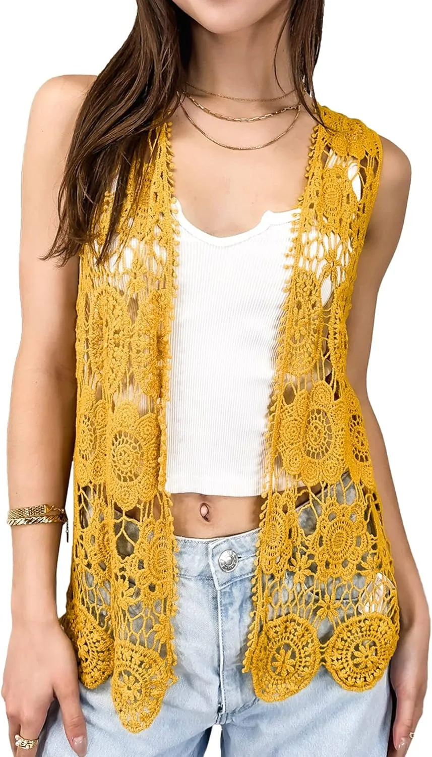 Anna-Kaci Lace Front Open Sleeveless Top Cardigan Crochet Vest Cover up Summer Beachwear
