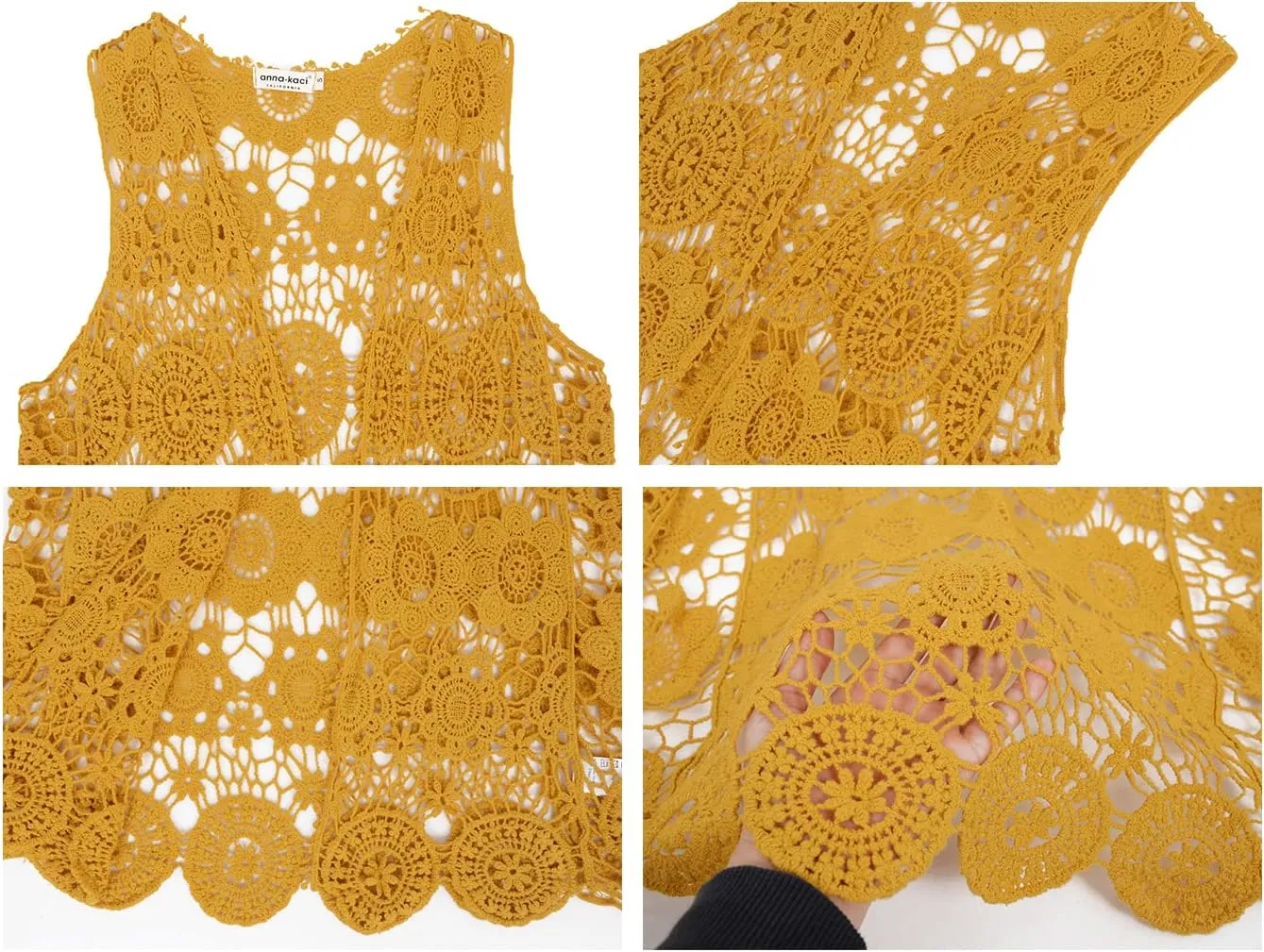 Anna-Kaci Lace Front Open Sleeveless Top Cardigan Crochet Vest Cover up Summer Beachwear
