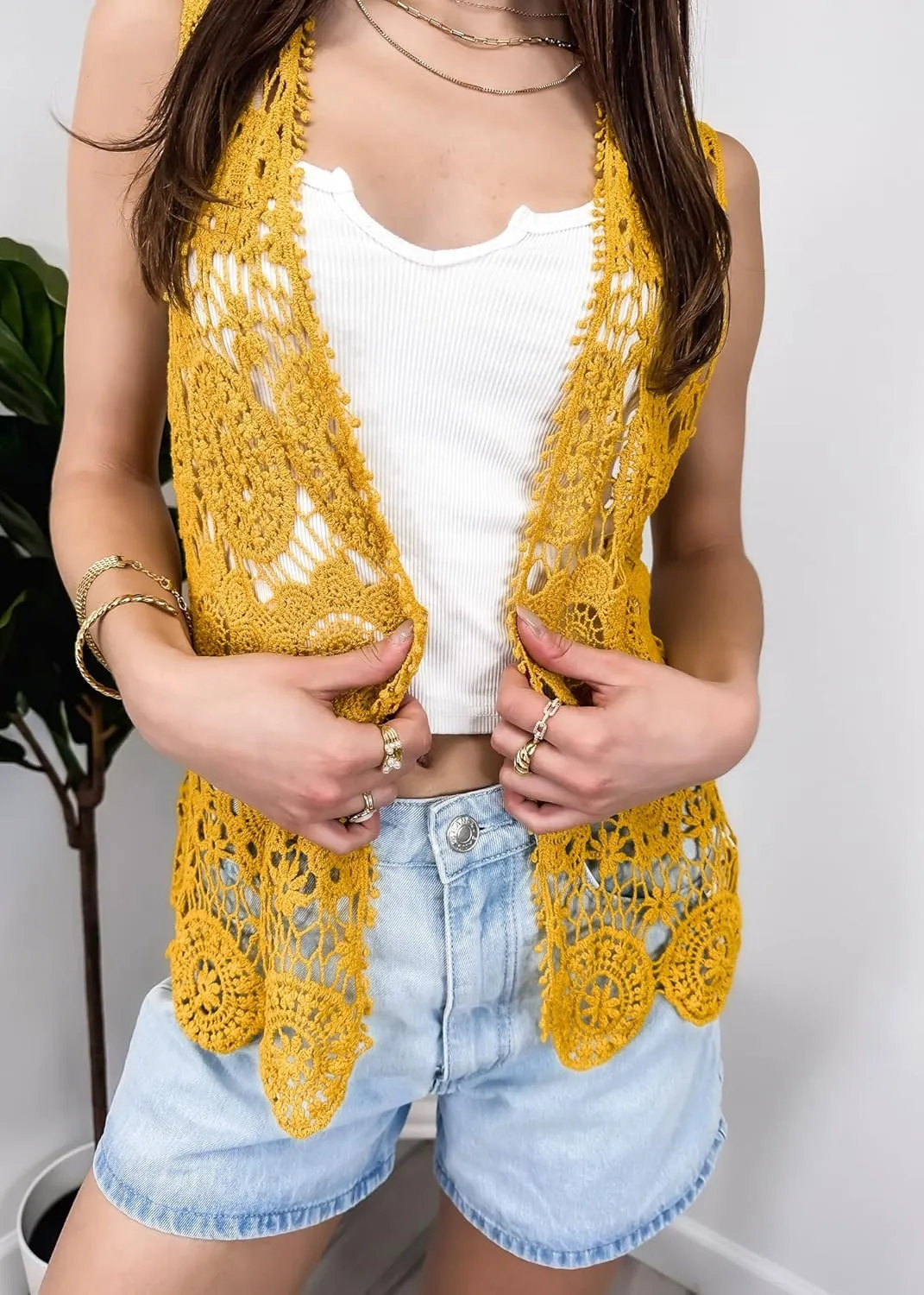 Anna-Kaci Lace Front Open Sleeveless Top Cardigan Crochet Vest Cover up Summer Beachwear