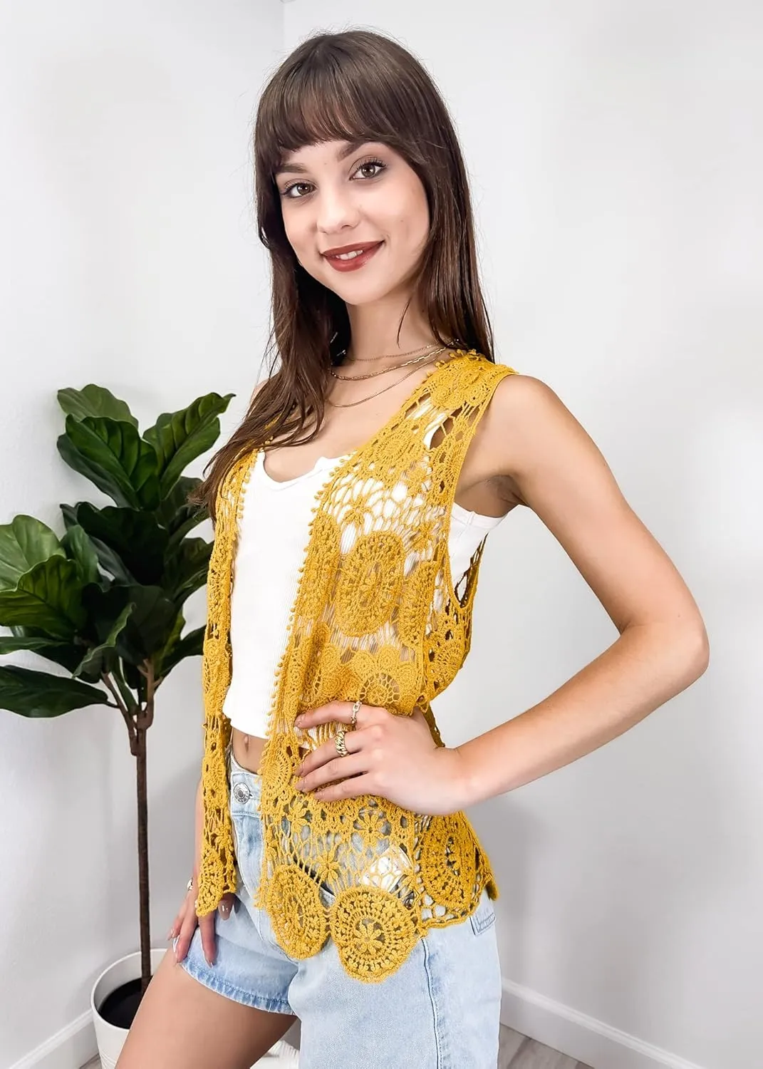 Anna-Kaci Lace Front Open Sleeveless Top Cardigan Crochet Vest Cover up Summer Beachwear