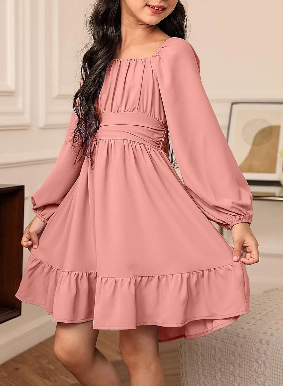 blibean Girls Long Sleeve Tie Back Dress Tween Fall Off Shoulder Dress Size 6-15 Years
