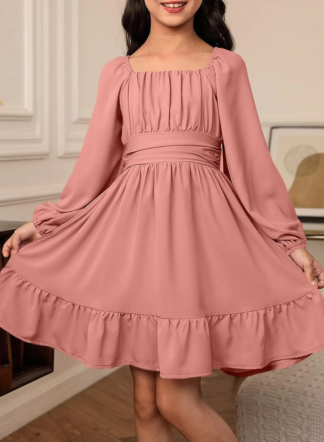 blibean Girls Long Sleeve Tie Back Dress Tween Fall Off Shoulder Dress Size 6-15 Years