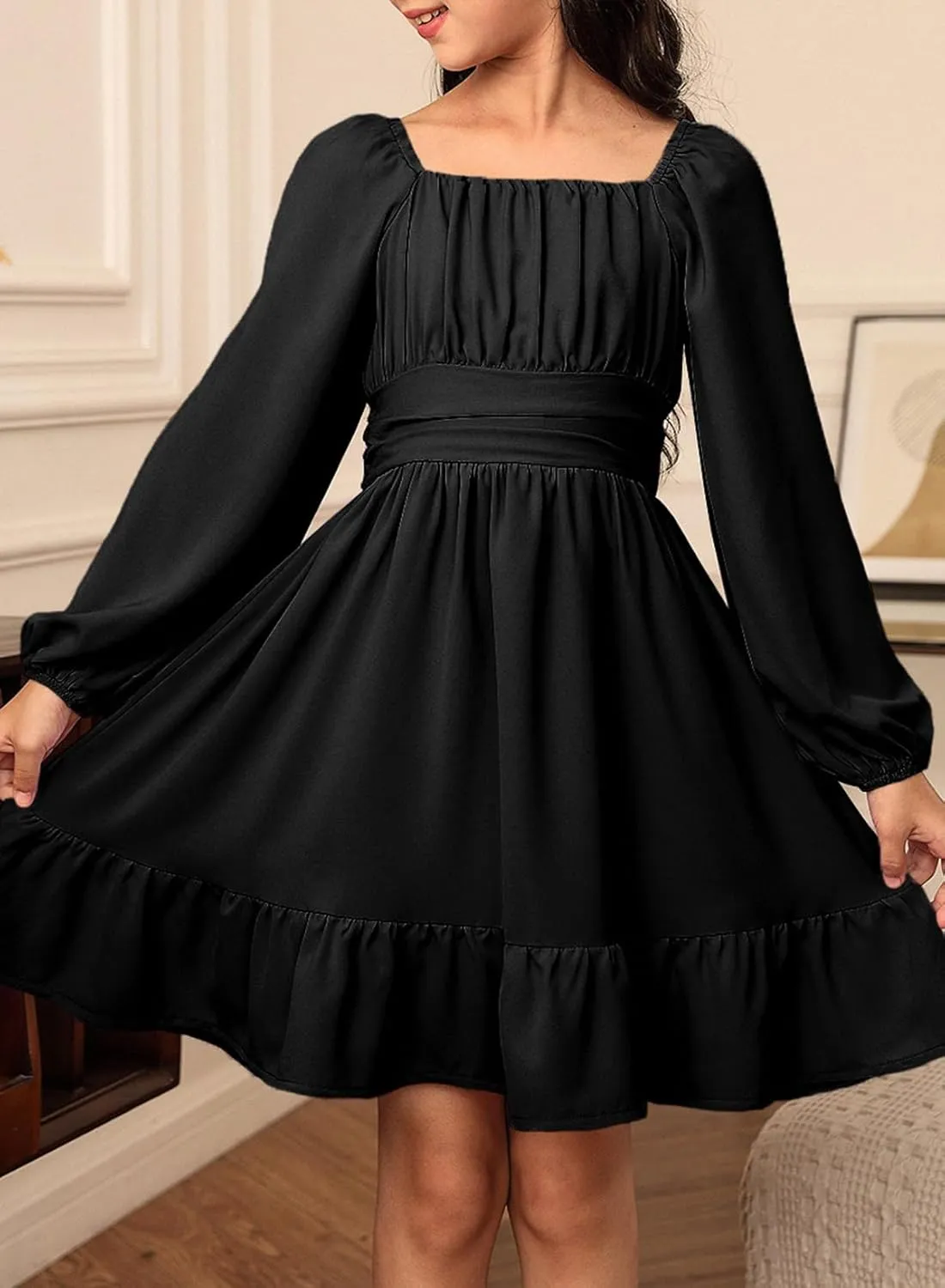 blibean Girls Long Sleeve Tie Back Dress Tween Fall Off Shoulder Dress Size 6-15 Years