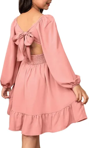 blibean Girls Long Sleeve Tie Back Dress Tween Fall Off Shoulder Dress Size 6-15 Years