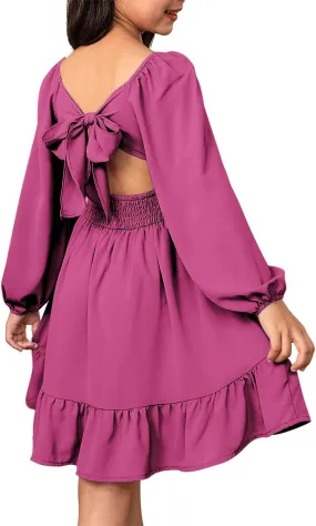 blibean Girls Long Sleeve Tie Back Dress Tween Fall Off Shoulder Dress Size 6-15 Years