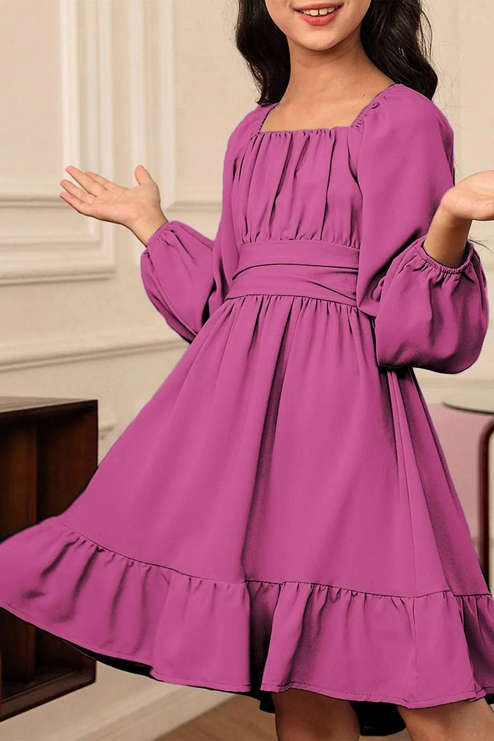 blibean Girls Long Sleeve Tie Back Dress Tween Fall Off Shoulder Dress Size 6-15 Years