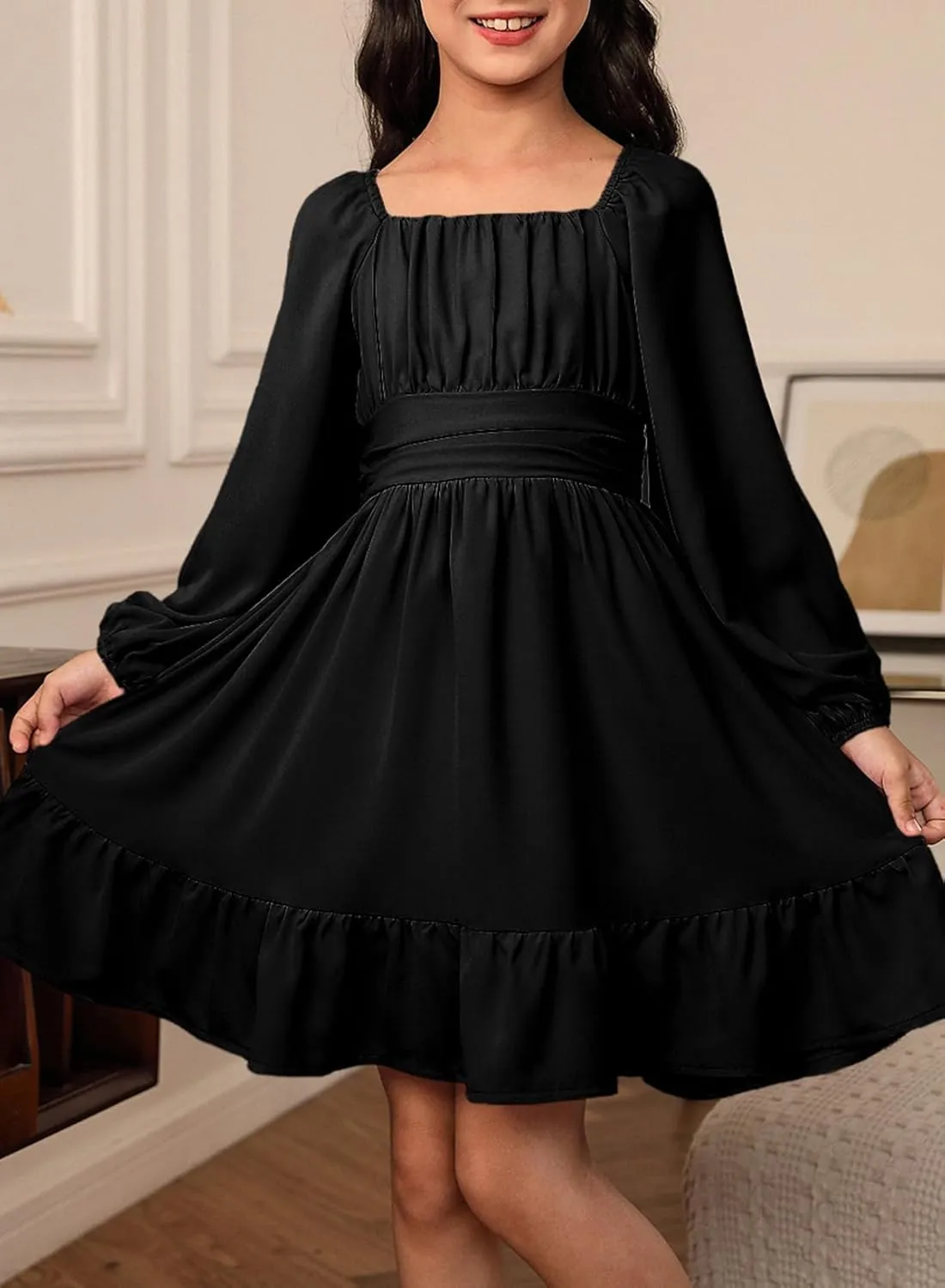 blibean Girls Long Sleeve Tie Back Dress Tween Fall Off Shoulder Dress Size 6-15 Years