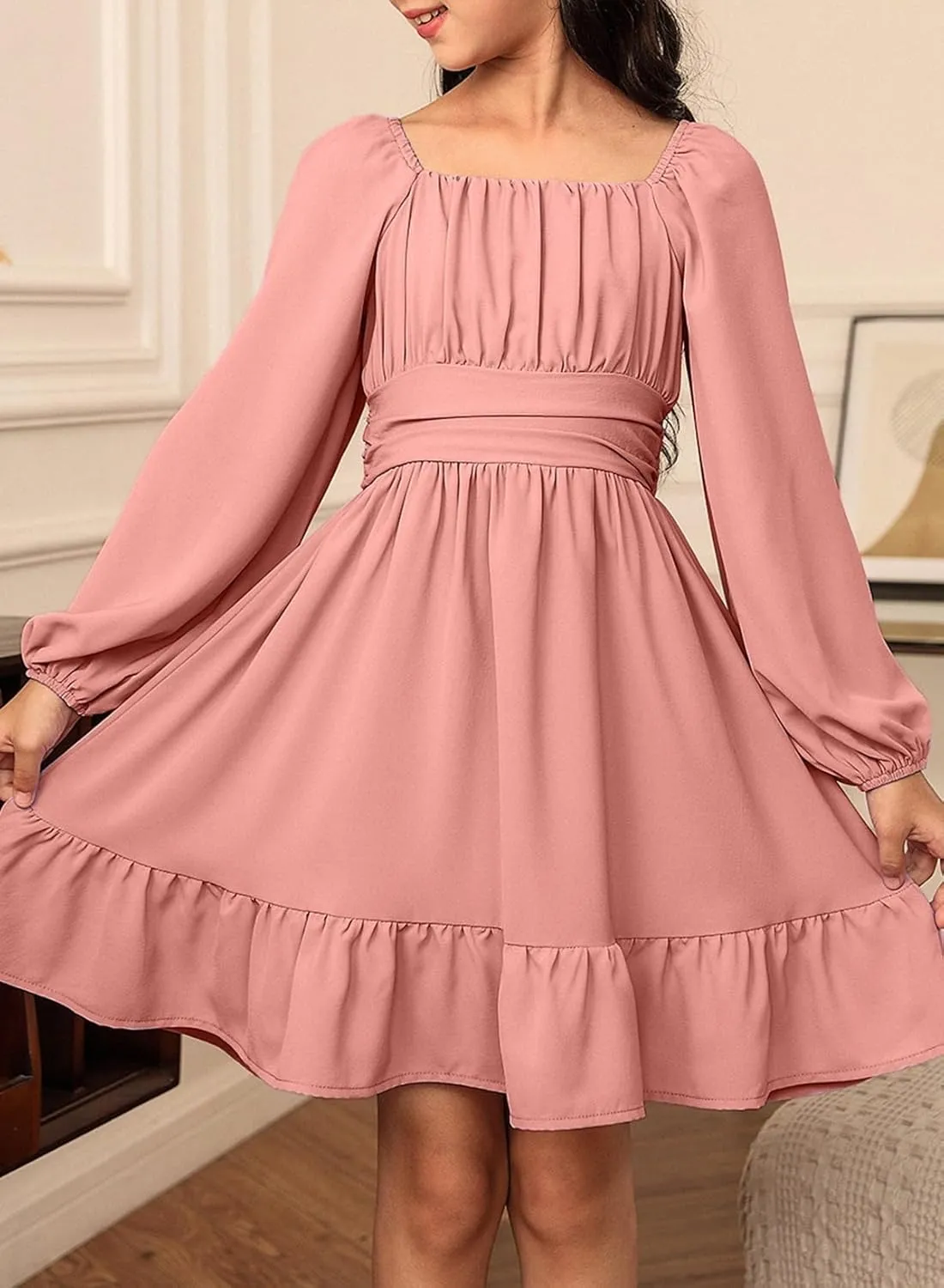 blibean Girls Long Sleeve Tie Back Dress Tween Fall Off Shoulder Dress Size 6-15 Years