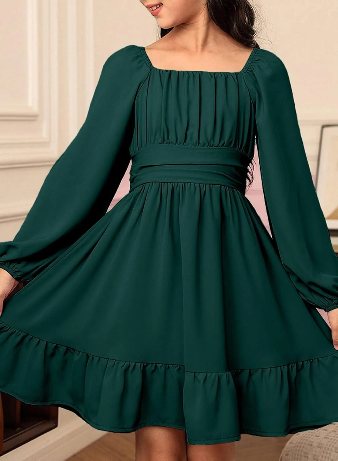 blibean Girls Long Sleeve Tie Back Dress Tween Fall Off Shoulder Dress Size 6-15 Years