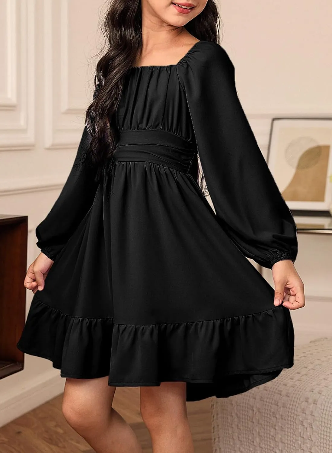 blibean Girls Long Sleeve Tie Back Dress Tween Fall Off Shoulder Dress Size 6-15 Years