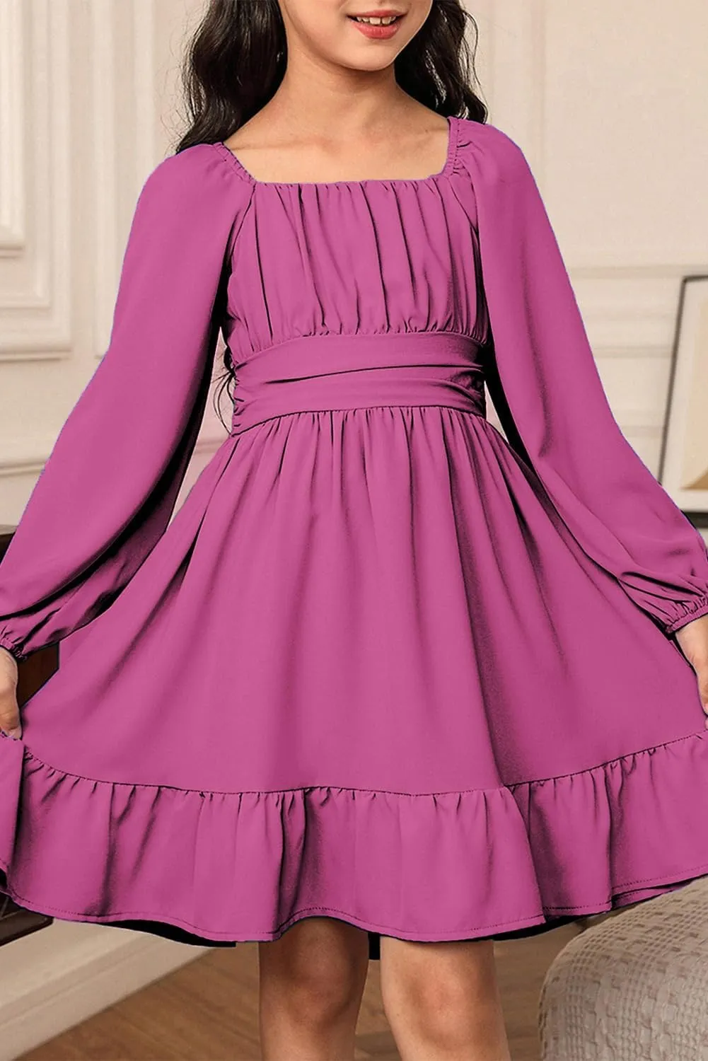 blibean Girls Long Sleeve Tie Back Dress Tween Fall Off Shoulder Dress Size 6-15 Years