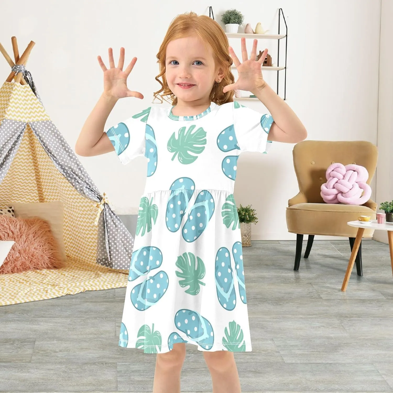 Boccsty Blue Flip Flops Plant Leaf Baby Girls Dress Kids Toddler Sundress Party Summer Dresses 2T