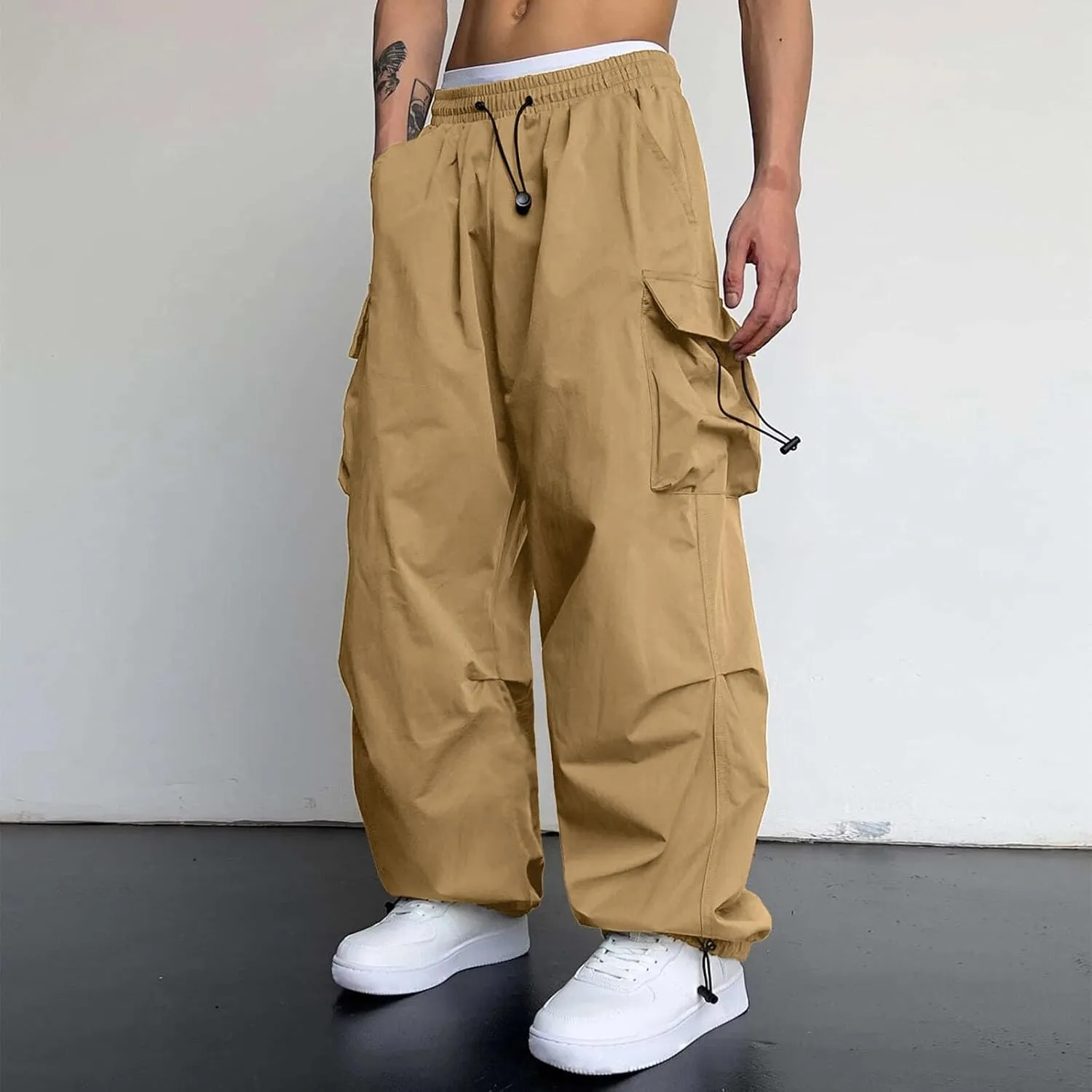 Cargo Joggers Men Loose Fit Wide Leg Casual Joggers Elastic Waist Cargo Work Pants Multi Pockets