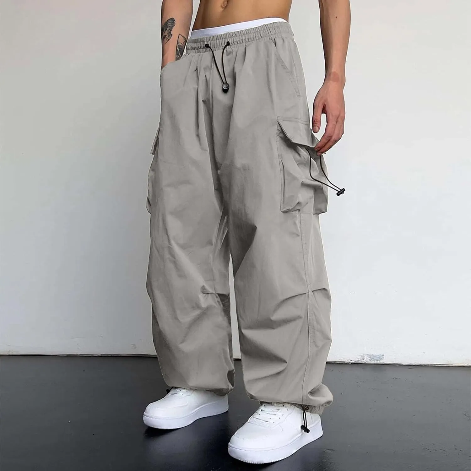 Cargo Joggers Men Loose Fit Wide Leg Casual Joggers Elastic Waist Cargo Work Pants Multi Pockets