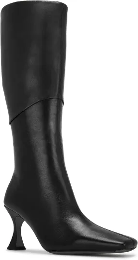 Coutgo Womens Kitten Heel Knee High Boots Wide Calf Square Toe Leather Boot Shoes with Zipper