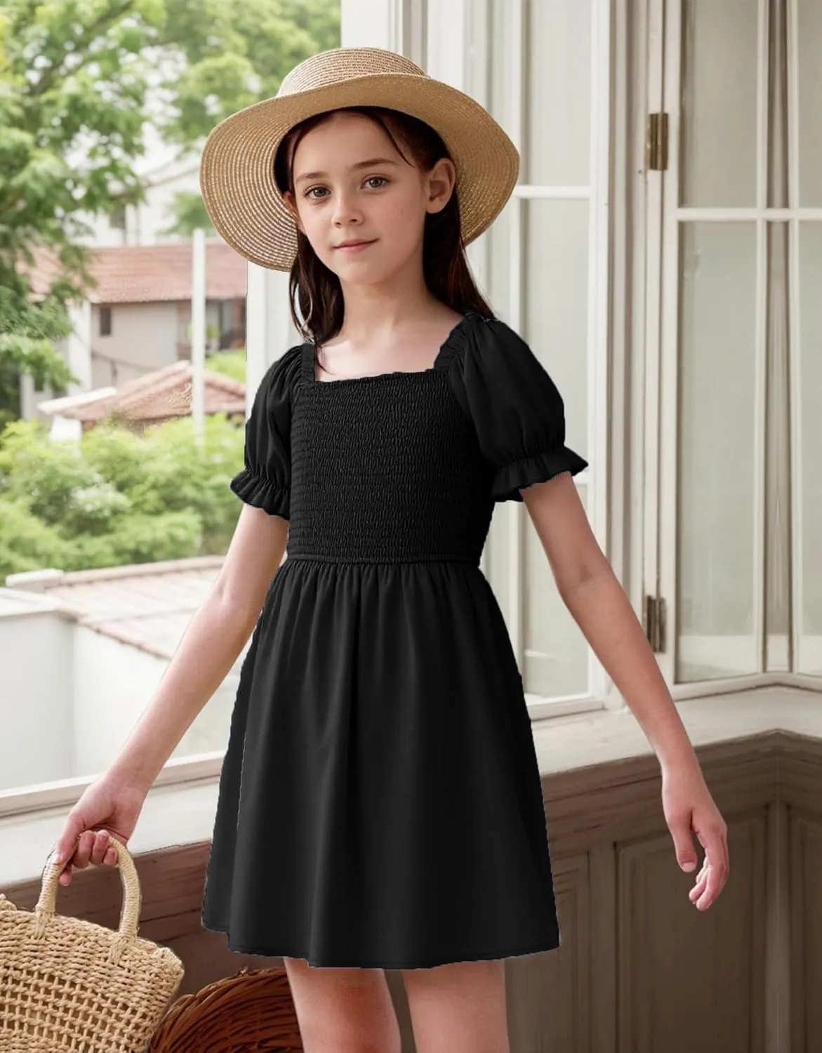 JiAmy Girls Summer Dress Ruffle Puff Sleeve Casual Dresses for Kids Square Neck Smocked Flowy Dress 5-14 Y