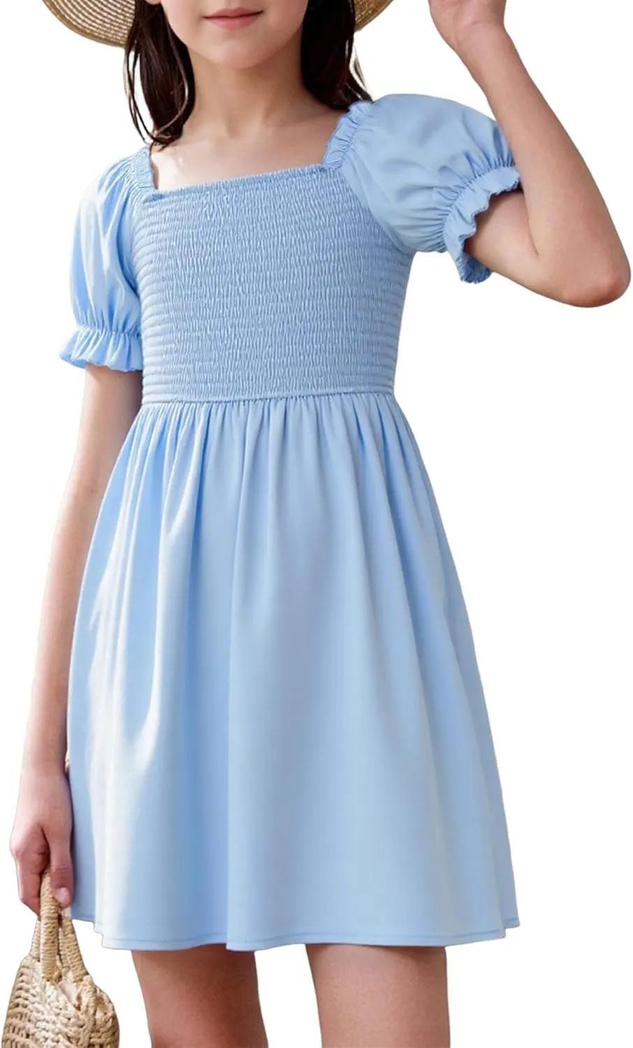 JiAmy Girls Summer Dress Ruffle Puff Sleeve Casual Dresses for Kids Square Neck Smocked Flowy Dress 5-14 Y
