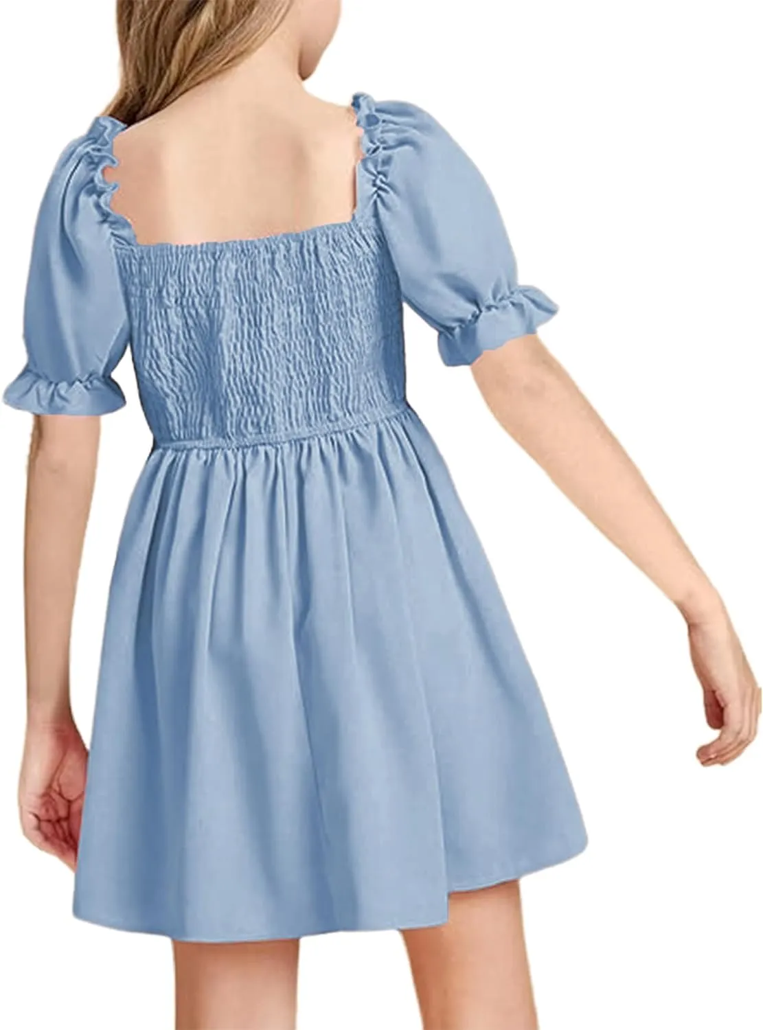 JiAmy Girls Summer Dress Ruffle Puff Sleeve Casual Dresses for Kids Square Neck Smocked Flowy Dress 5-14 Y