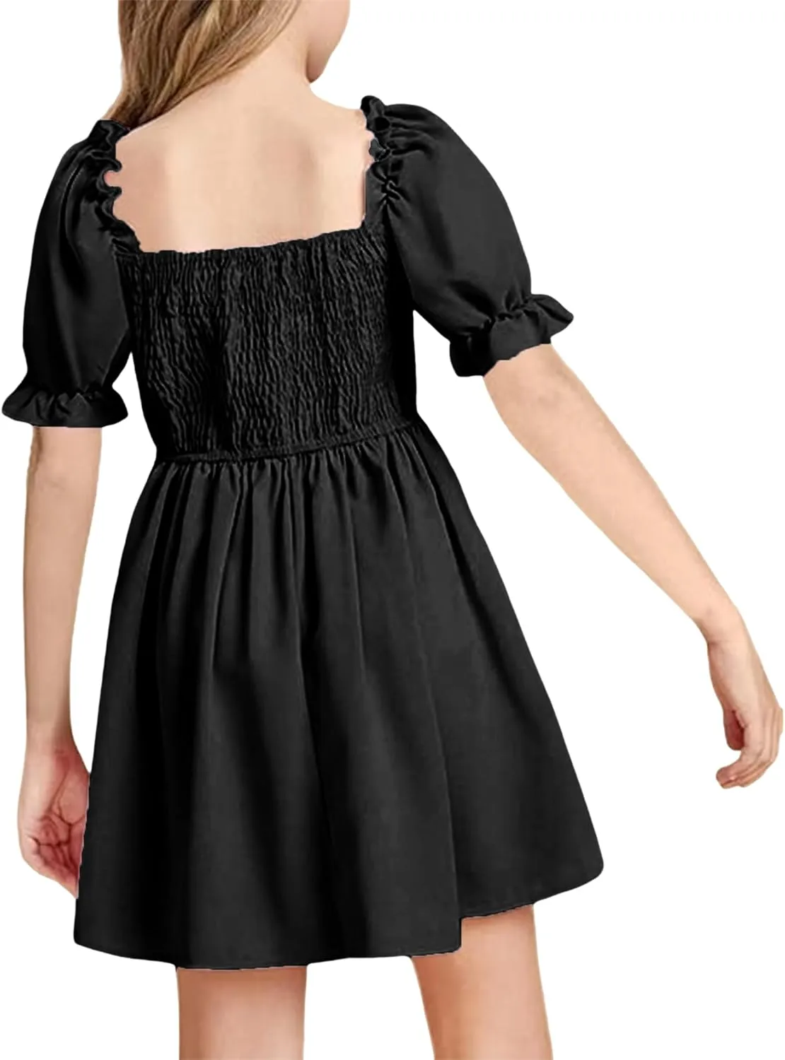 JiAmy Girls Summer Dress Ruffle Puff Sleeve Casual Dresses for Kids Square Neck Smocked Flowy Dress 5-14 Y