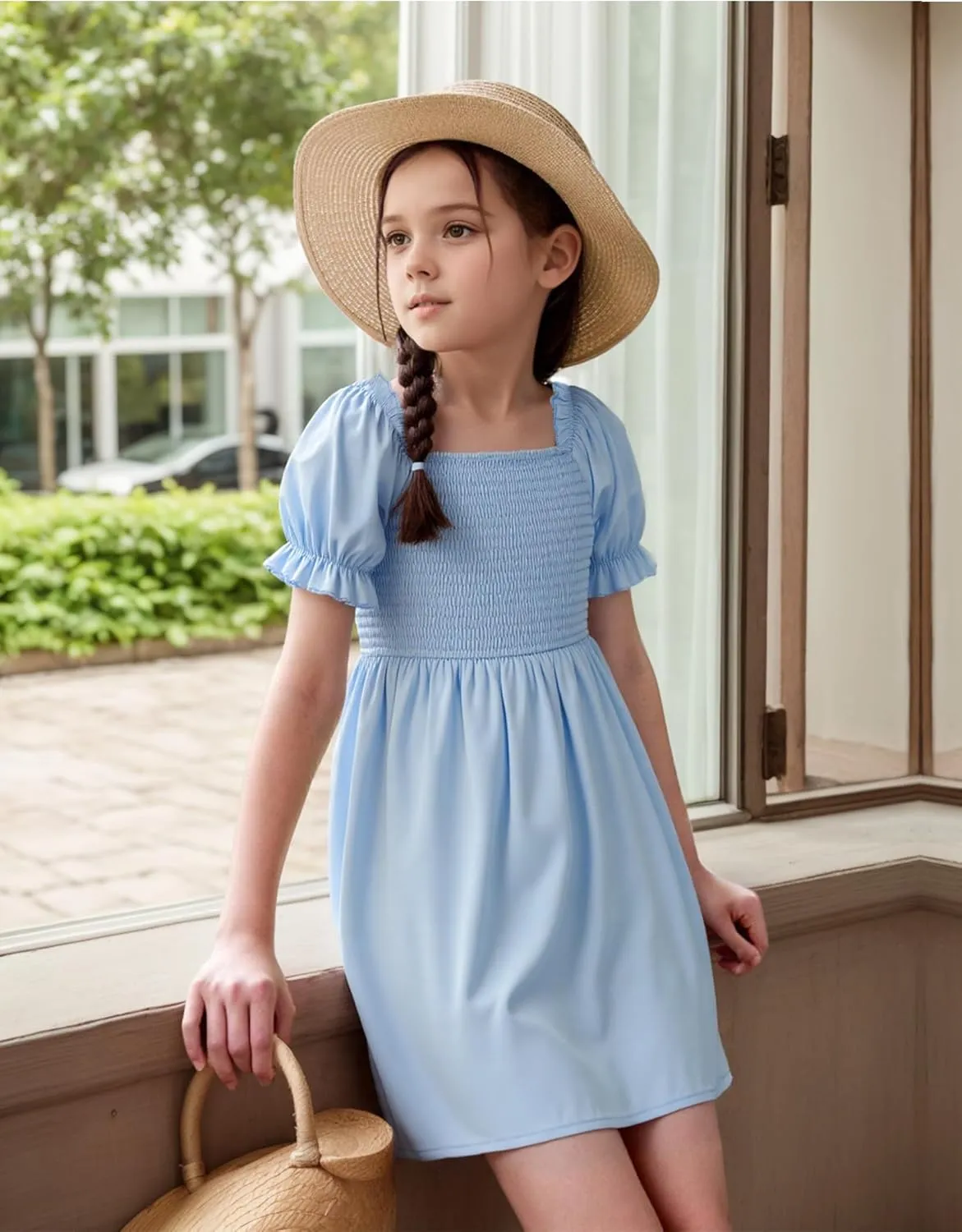 JiAmy Girls Summer Dress Ruffle Puff Sleeve Casual Dresses for Kids Square Neck Smocked Flowy Dress 5-14 Y