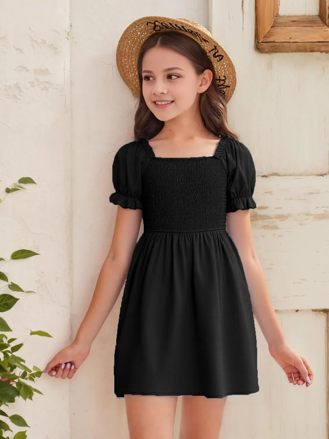 JiAmy Girls Summer Dress Ruffle Puff Sleeve Casual Dresses for Kids Square Neck Smocked Flowy Dress 5-14 Y