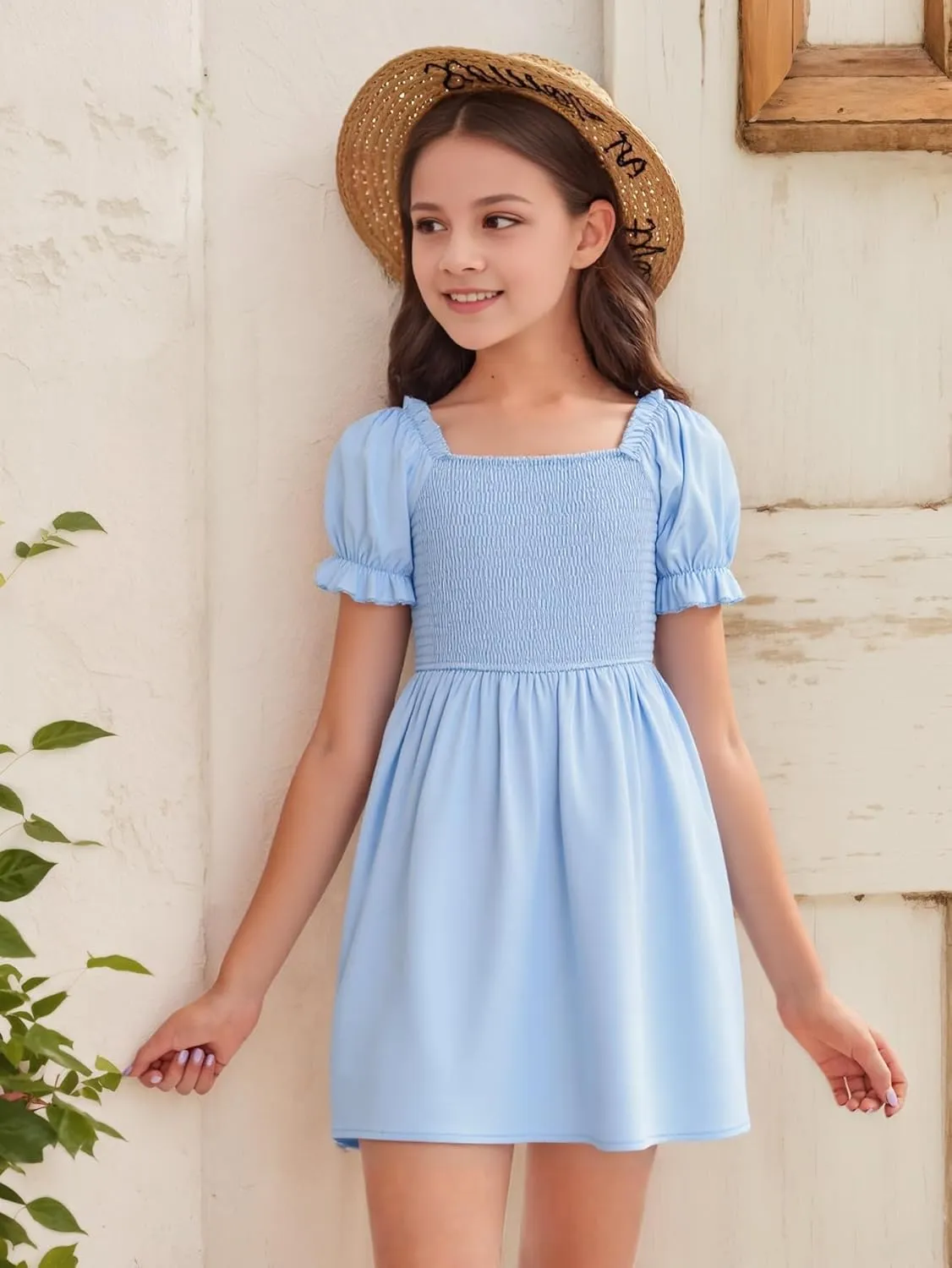 JiAmy Girls Summer Dress Ruffle Puff Sleeve Casual Dresses for Kids Square Neck Smocked Flowy Dress 5-14 Y