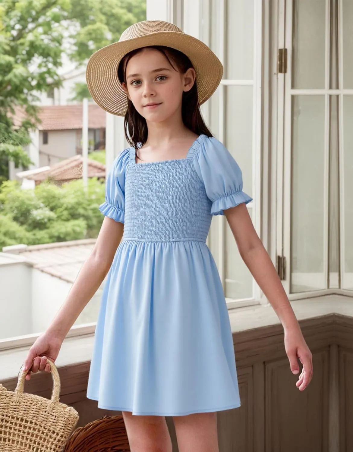 JiAmy Girls Summer Dress Ruffle Puff Sleeve Casual Dresses for Kids Square Neck Smocked Flowy Dress 5-14 Y