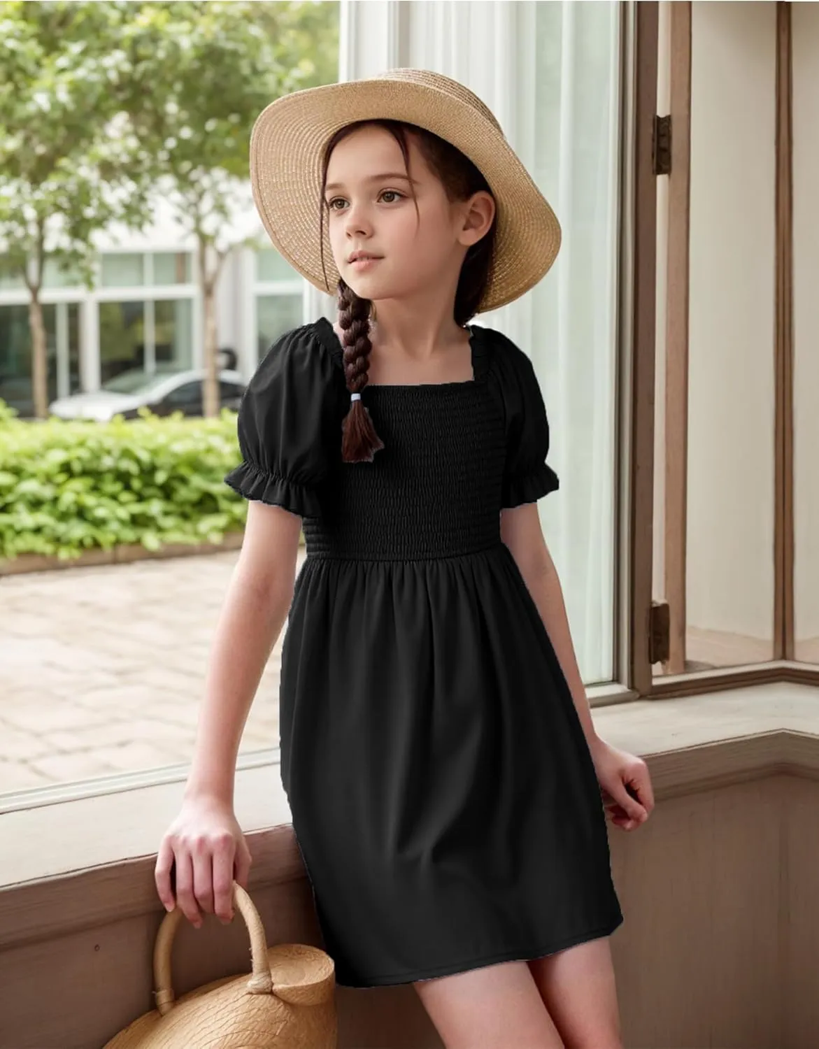 JiAmy Girls Summer Dress Ruffle Puff Sleeve Casual Dresses for Kids Square Neck Smocked Flowy Dress 5-14 Y