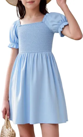 JiAmy Girls Summer Dress Ruffle Puff Sleeve Casual Dresses for Kids Square Neck Smocked Flowy Dress 5-14 Y
