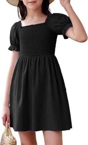 JiAmy Girls Summer Dress Ruffle Puff Sleeve Casual Dresses for Kids Square Neck Smocked Flowy Dress 5-14 Y