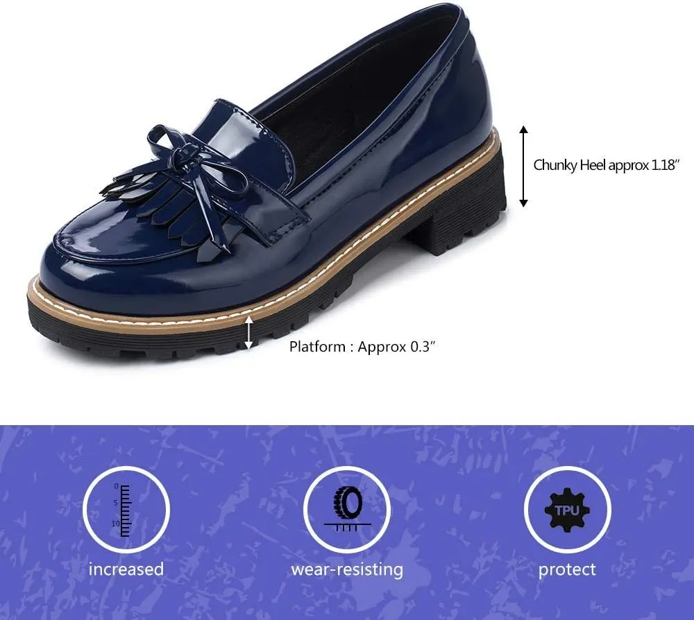 JITUUE Penny Loafers for Women Flat Sandals Chunky Low Heels Slip on Patent Leather Mary Jane Shoes with Bow Tassel