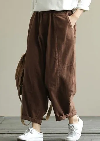 Loose brown plus size elastic waist harem pants