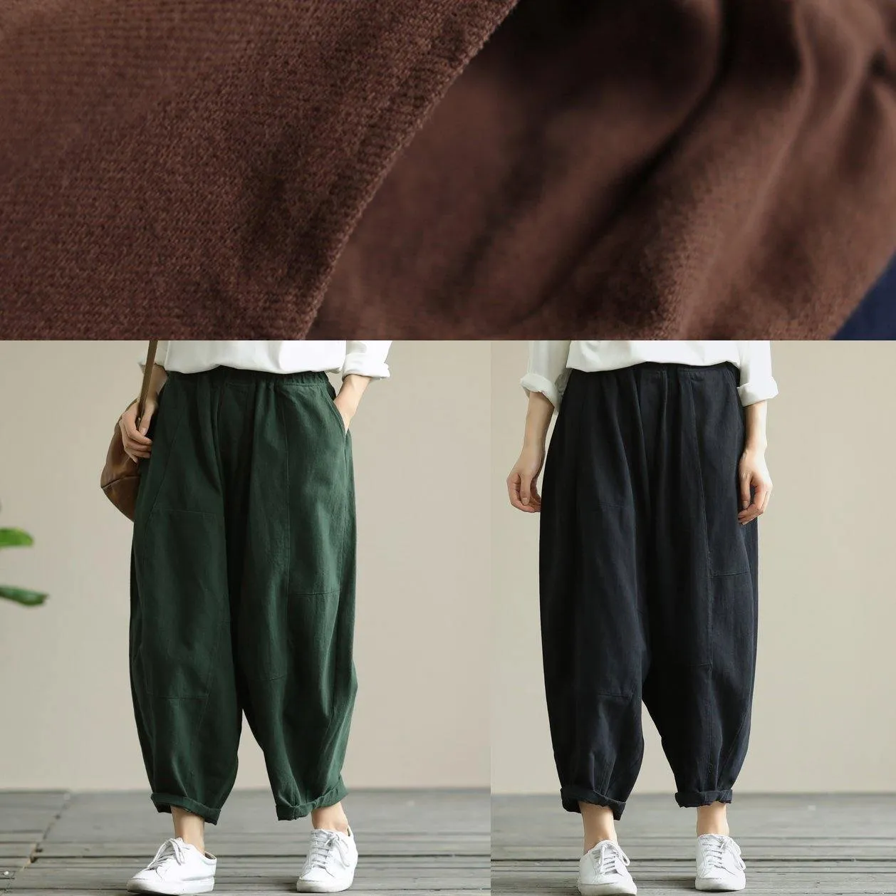 Loose brown plus size elastic waist harem pants