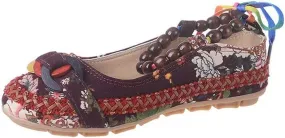 TangDao Women's Retro Women Ethnic Beading Round Toe Floral Embroidered Shoes Women Lace Up Casual Ballet Flats Shoes