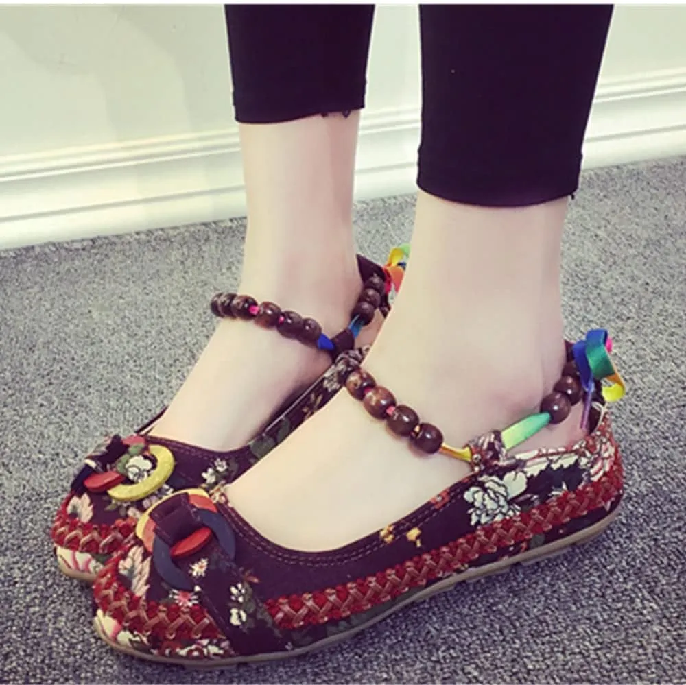 TangDao Women's Retro Women Ethnic Beading Round Toe Floral Embroidered Shoes Women Lace Up Casual Ballet Flats Shoes