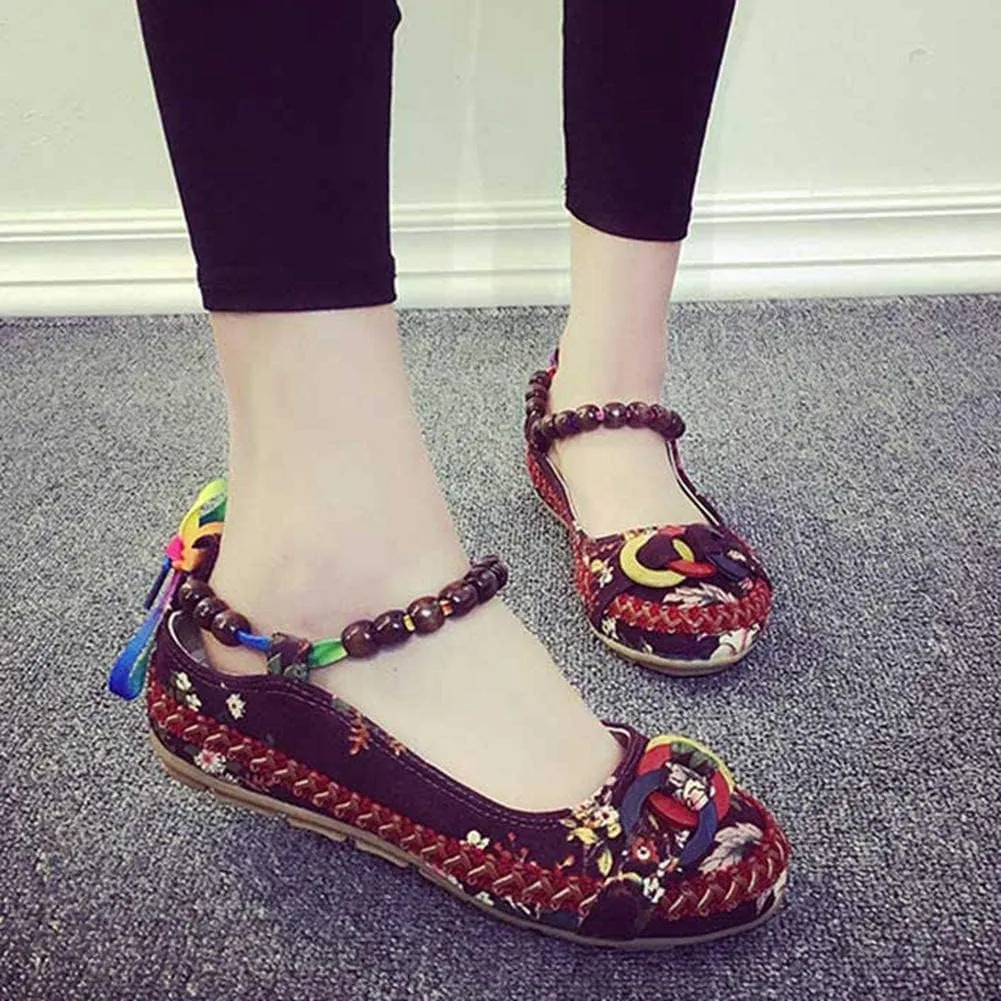 TangDao Women's Retro Women Ethnic Beading Round Toe Floral Embroidered Shoes Women Lace Up Casual Ballet Flats Shoes