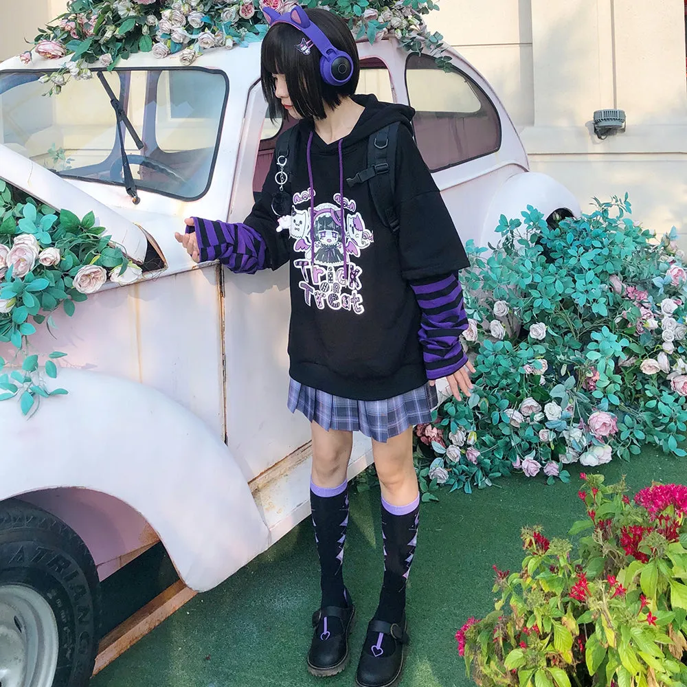 Trick OR Treat Stripe Splicing Black Hoodie Halloween