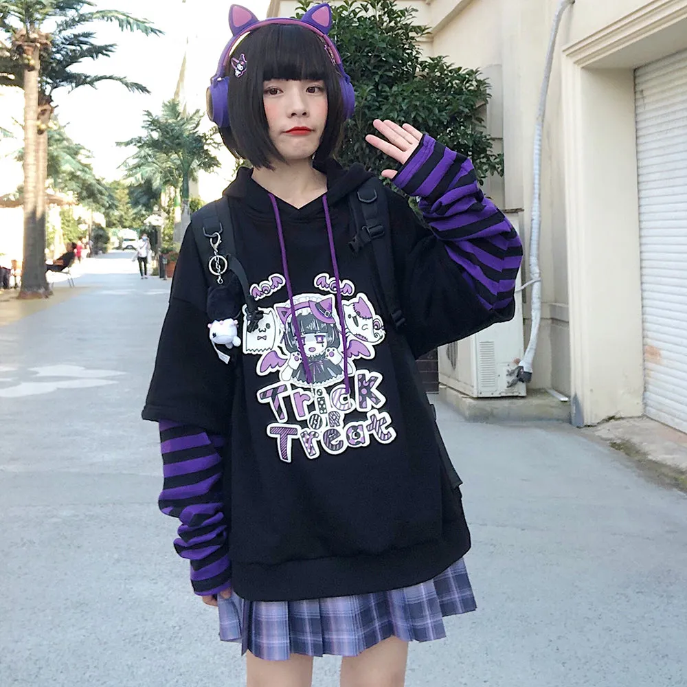 Trick OR Treat Stripe Splicing Black Hoodie Halloween