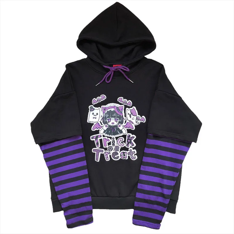 Trick OR Treat Stripe Splicing Black Hoodie Halloween