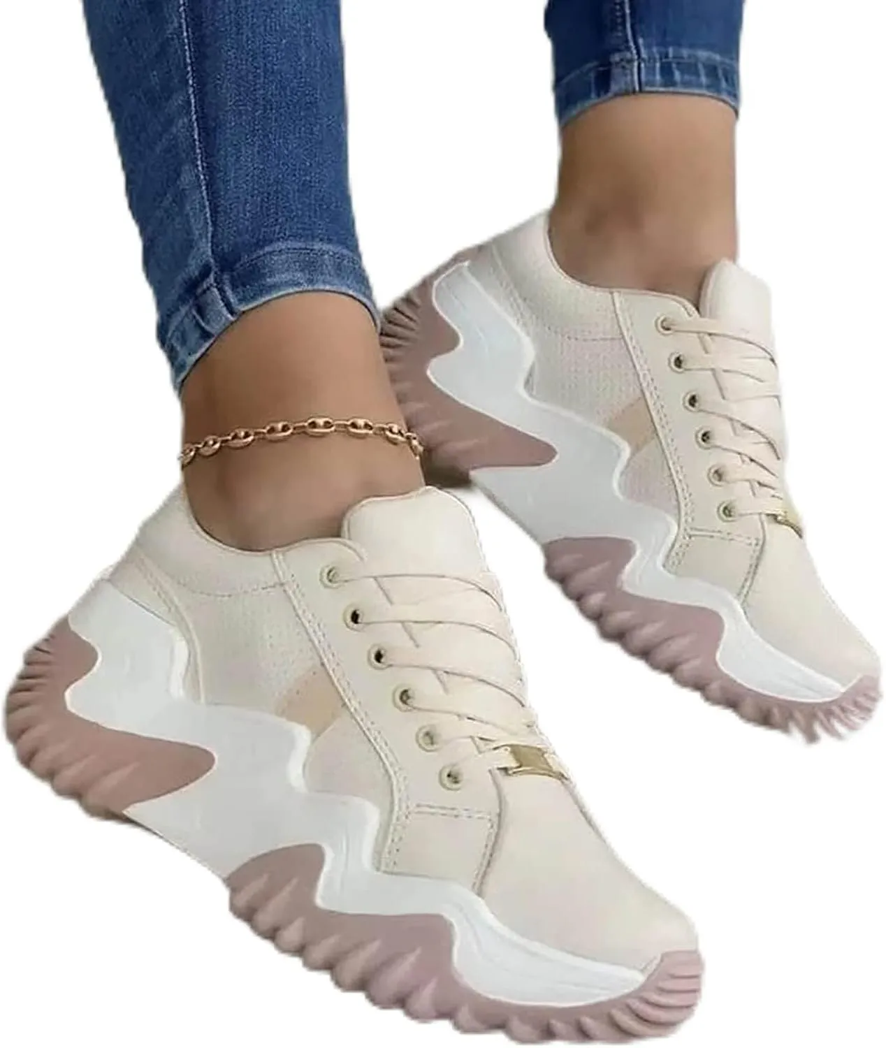 TROONZ 2023 Women Platform Walking Sneakers,Women Lace up Orthopedic Sneaker,Lightweight Sneakers Athletic Walking Shoe Fashion Shoes-Beige||8
