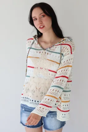 V-Neck Hooded Striped Knit Top in Ivory