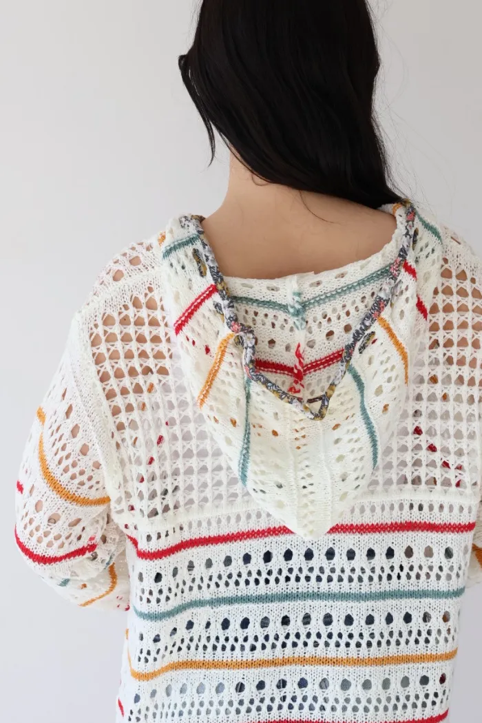 V-Neck Hooded Striped Knit Top in Ivory