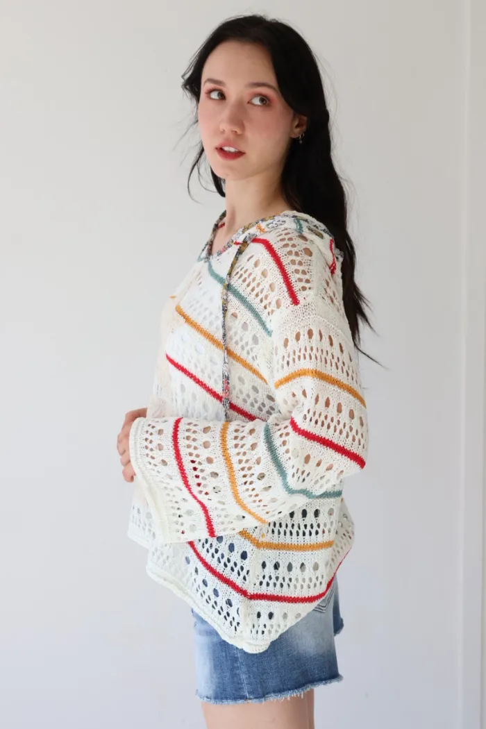 V-Neck Hooded Striped Knit Top in Ivory