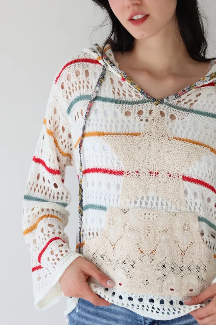 V-Neck Hooded Striped Knit Top in Ivory