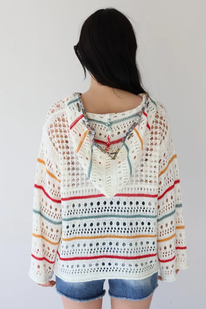V-Neck Hooded Striped Knit Top in Ivory