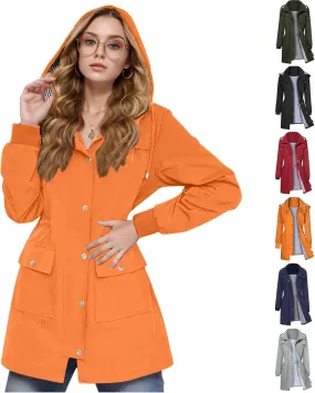 Windbreaker Jacket Women Mid Length Hooded Waterproof Cinch Waist Windproof Raincoat Cuffed Sleeve Rain Jackets