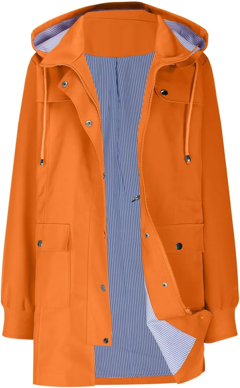 Windbreaker Jacket Women Mid Length Hooded Waterproof Cinch Waist Windproof Raincoat Cuffed Sleeve Rain Jackets
