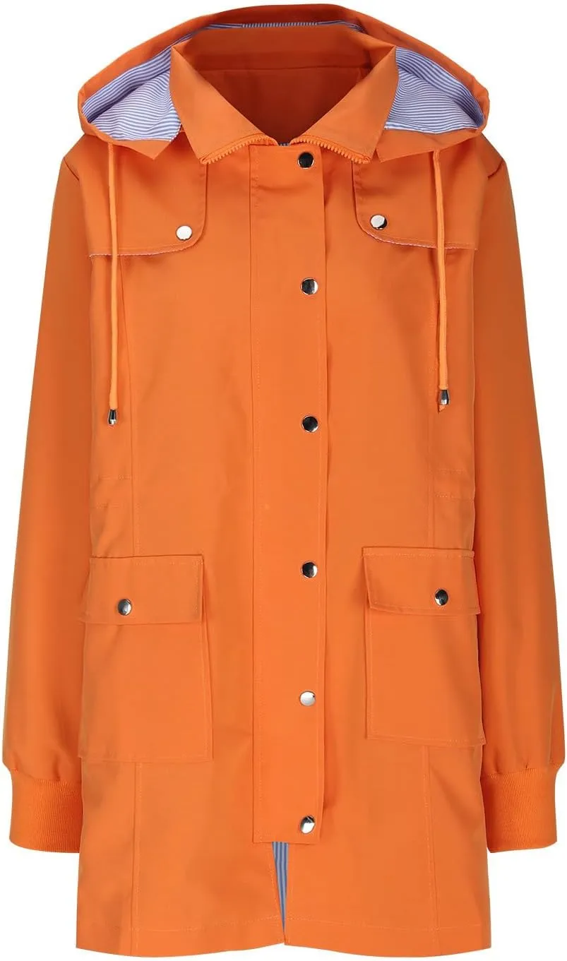 Windbreaker Jacket Women Mid Length Hooded Waterproof Cinch Waist Windproof Raincoat Cuffed Sleeve Rain Jackets